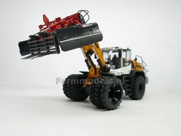 &Oslash; 50.5 mm: LIEBHERR/ CLAAS Wiking: 2x Dubbellucht Shovel banden + Alu. velgen LIEBHERR GRIJS, passen in de standaard velgen shovel Wiking  1:32         