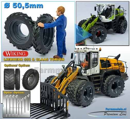 &Oslash; 50.5 mm: LIEBHERR/ CLAAS Wiking: 2x Dubbellucht Shovel banden + Alu. velgen LIEBHERR GRIJS, passen in de standaard velgen shovel Wiking  1:32         