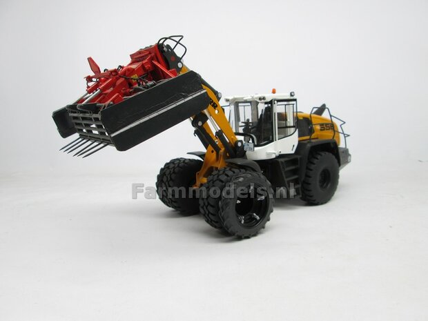 &Oslash; 50.5 mm: CLAAS TORION Wiking: 2x Dubbellucht Shovel banden + Alu. velgen CLAAS ORANJE, passen in de standaard velgen shovel Wiking  1:32         