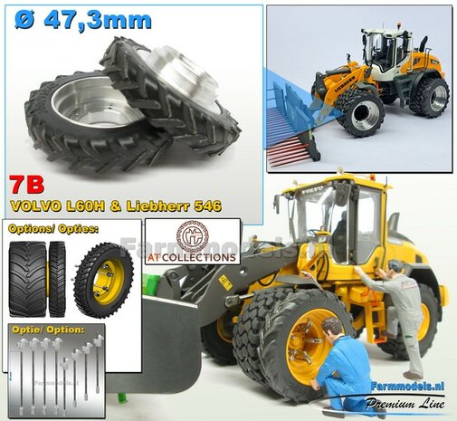 &Oslash; 47.3 mm: 2x Dubbellucht Shovel banden + ALUMINIUM velgen BLANK geleverd passend in de Aluminium Farmmodels Volvo L60H serie  1:32         