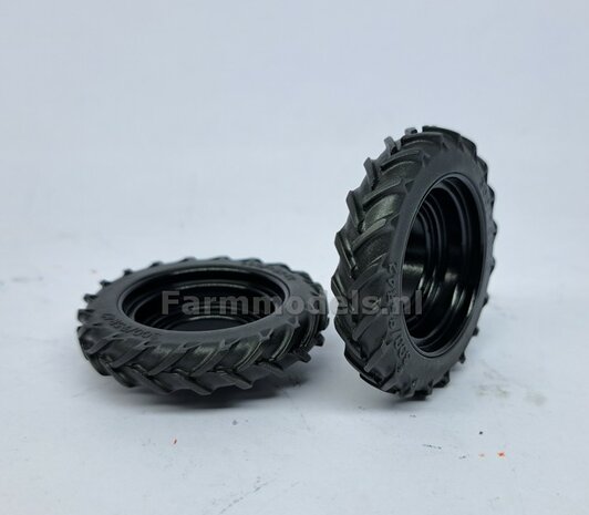 &Oslash; 47.3 mm: 2x Dubbellucht Shovel banden + ALU. velgen ZWART GLANS gespoten geleverd passend in Farmmodels Alu velgen nr. 7A 1:32         