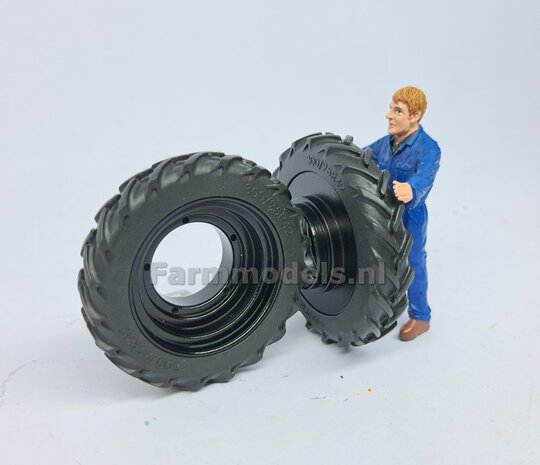 &Oslash; 47.3 mm: 2x Dubbellucht Shovel banden + ALU. velgen ZWART GLANS gespoten geleverd passend in Farmmodels Alu velgen nr. 7A 1:32         