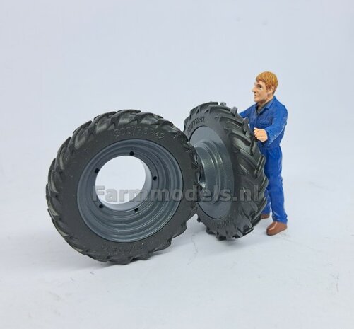 &Oslash; 47.3 mm: 2x Dubbellucht Shovel banden + ALU. velgen LIEBHERR GRIJS geleverd passend in Farmmodels Alu velgen nr. 7A 1:32         