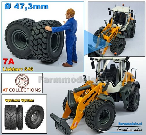&Oslash; 47.3 mm: LIEBHERR 546: 2x brede Shovel banden + ALU. velgen LIEBHERR GRIJS Gespoten geleverd geschikt voor LIEBHERR AT 1:32  