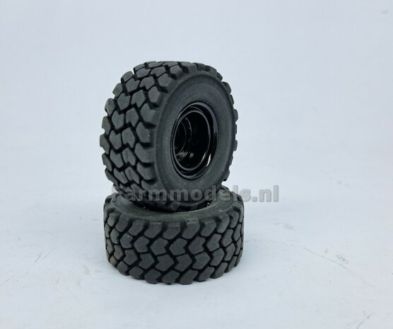 &Oslash; 47.3 mm: LIEBHERR 546: 2x brede Shovel banden + ALU. velgen ZWART GLANS Gespoten geleverd geschikt voor LIEBHERR AT 1:32  