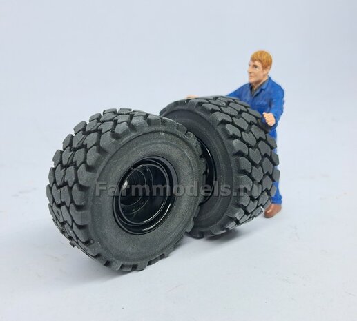 &Oslash; 47.3 mm: LIEBHERR 546: 2x brede Shovel banden + ALU. velgen ZWART GLANS Gespoten geleverd geschikt voor LIEBHERR AT 1:32  