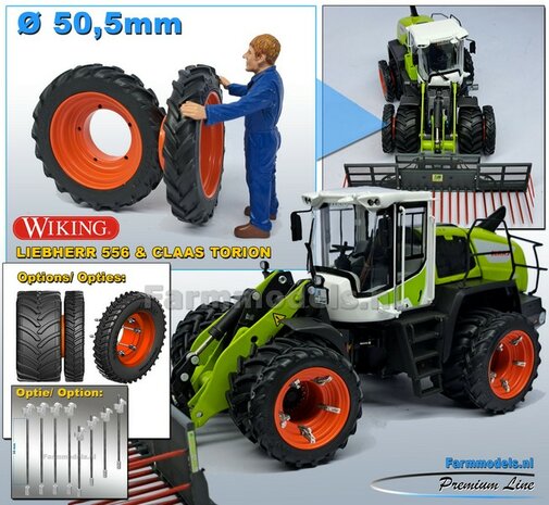 &Oslash; 50.5 mm: CLAAS TORION Wiking: 2x Dubbellucht Shovel banden + Alu. velgen CLAAS ORANJE, passen in de standaard velgen shovel Wiking  1:32         