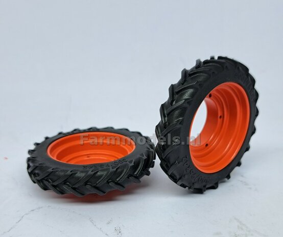 &Oslash; 50.5 mm: CLAAS TORION Wiking: 2x Dubbellucht Shovel banden + Alu. velgen CLAAS ORANJE, passen in de standaard velgen shovel Wiking  1:32         