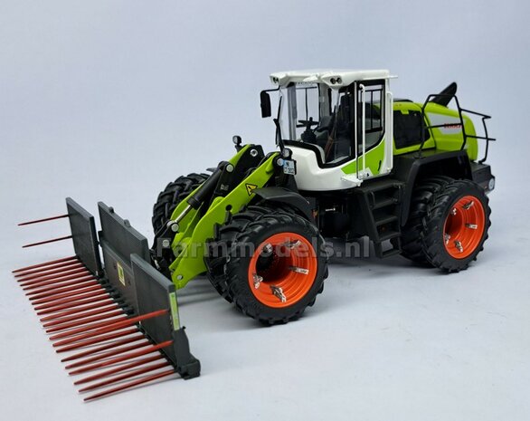 &Oslash; 50.5 mm: CLAAS TORION Wiking: 2x Dubbellucht Shovel banden + Alu. velgen CLAAS ORANJE, passen in de standaard velgen shovel Wiking  1:32         