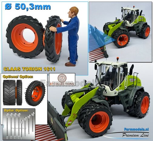 &Oslash;50.3 mm: CLAAS TORION 1611 AT: 2x ALU. DUBBELLUCHT Velgen CLAAS ORANJE Geleverd + banden passend in originele velgen CLAAS TORION AT 1:32