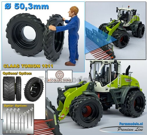 &Oslash;50.3 mm: CLAAS TORION 1611 AT: 2x ALU. DUBBELLUCHT Velgen ZWART Gespoten geleverd + banden passend in originele velgen CLAAS TORION AT 1:32