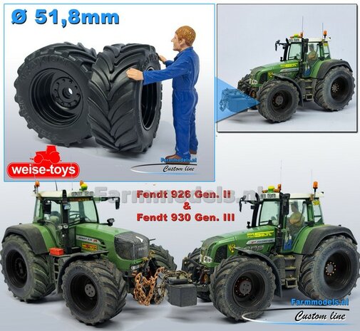 &Oslash; 51.8 x 23.7 mm: Fendt 926/930 WeiseToys: 2x Brede Vooras banden + velgen ZWART geleverd 1:32 Farmmodels Custom Line Series