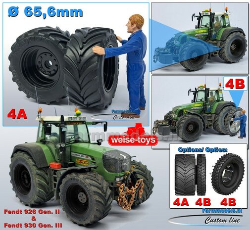 &Oslash; 65.6 x 28.5 mm: Fendt 926/930 WeiseToys: 2x Brede Achteras banden + velgen ZWART gespoten geleverd 1:32 Custom Line Series