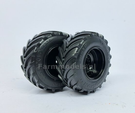 &Oslash; 65.6 x 28.5 mm: Fendt 926/930 WeiseToys: 2x Brede Achteras banden + velgen ZWART gespoten geleverd 1:32 Custom Line Series