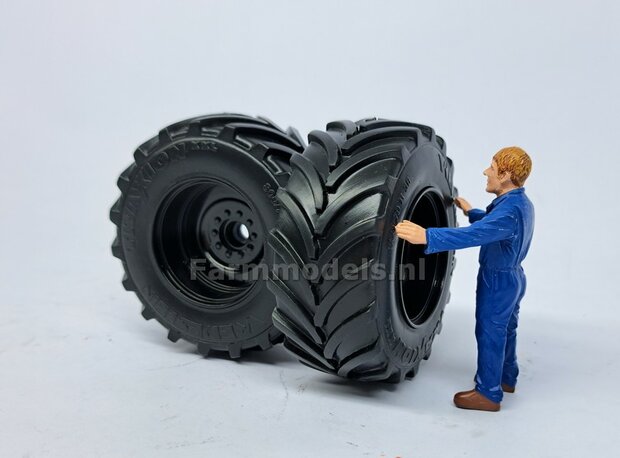 &Oslash; 65.6 x 28.5 mm: Fendt 926/930 WeiseToys: 2x Brede Achteras banden + velgen ZWART gespoten geleverd 1:32 Custom Line Series