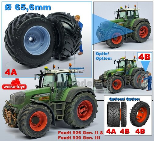 &Oslash; 65.6 x 28.5 mm: Fendt 926/930 WeiseToys: 2x Brede Achteras banden + velgen BLANK geleverd 1:32 Custom Line Series