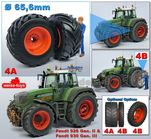 &Oslash; 65.6 x 28.5 mm: Fendt 926/930 WeiseToys: 2x Brede Achteras banden + velgen FENDT ROOD gespoten geleverd 1:32 Custom Line Series