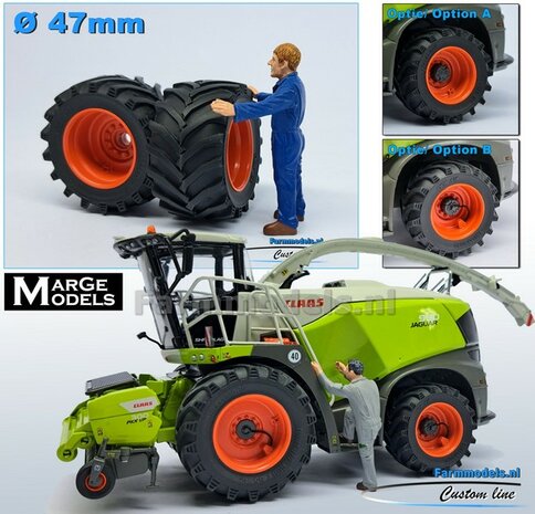 &Oslash; 47 mm: CLAAS Jaguar 900 Serie MargeModels: 2x Trelleborg Banden met Resin Velgen CLAAS ORANJE Gespoten  1:32   Farmmodels Custom Line Series  