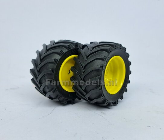 &Oslash; 47 mm: JD 6930-7430 WIKING: 2x Trelleborg Banden met RESIN Velgen JD GEEL Gespoten geleverd  1:32 Farmmodels Custom Line Series  