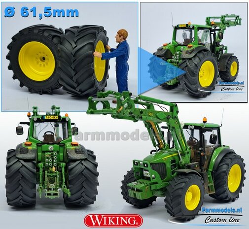 &Oslash; 61.5 mm: JD 6930/ 7430 Wiking: 2x Trelleborg Banden met Resin Velgen JOHN DEERE GEEL Gespoten geleverd 1:32   Farmmodels Custom Line Series  