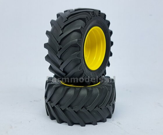 &Oslash; 61.5 mm: JD 6930/ 7430 Wiking: 2x Trelleborg Banden met Resin Velgen JOHN DEERE GEEL Gespoten geleverd 1:32   Farmmodels Custom Line Series  