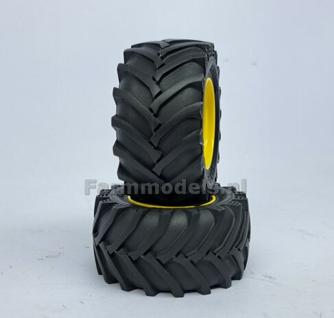 &Oslash; 61.5 mm: JD 6930/ 7430 Wiking: 2x Trelleborg Banden met Resin Velgen JOHN DEERE GEEL Gespoten geleverd 1:32   Farmmodels Custom Line Series  