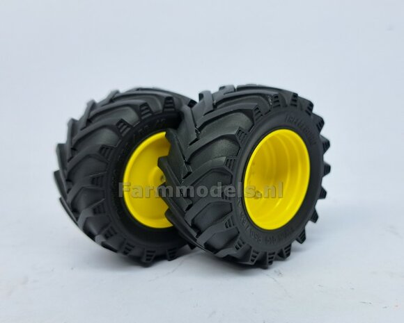 &Oslash; 61.5 mm: JD 6930/ 7430 Wiking: 2x Trelleborg Banden met Resin Velgen JOHN DEERE GEEL Gespoten geleverd 1:32   Farmmodels Custom Line Series  