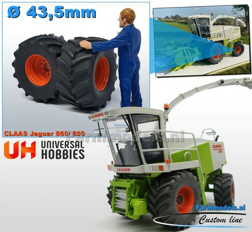 &Oslash; 43.5 x 22.5mm: Claas Jaguar 860/ 880 UH: 2x Brede (achteras) banden + ALU. Velgen CLAAS ORANJE geleverd 1:32  Farmmodels Custom Line Series           