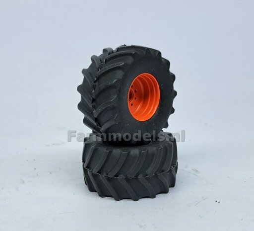 &Oslash; 43.5 x 22.5mm: Claas Jaguar 860/ 880 UH: 2x Brede (achteras) banden + ALU. Velgen CLAAS ORANJE geleverd 1:32  Farmmodels Custom Line Series           