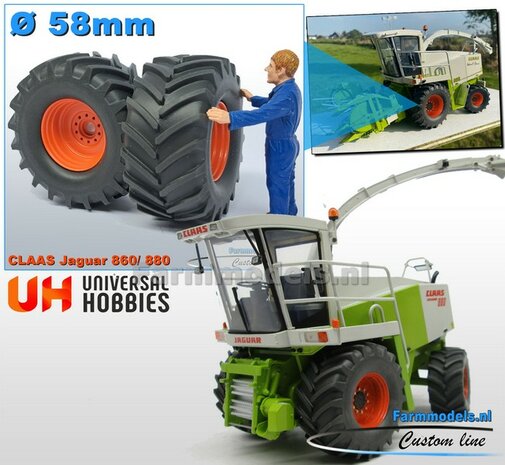 &Oslash; 58 x 28 mm: Claas Jaguar 860/ 880 UH: 2x Brede (vooras) banden + ALU. velgen CLAAS ORANJE geleverd 1:32   Custom Line Series                     