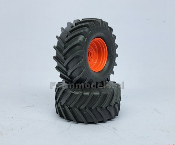 &Oslash; 58 x 28 mm: Claas Jaguar 860/ 880 UH: 2x Brede (vooras) banden + ALU. velgen CLAAS ORANJE geleverd 1:32   Custom Line Series                     
