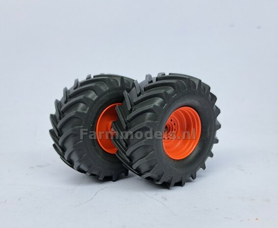 &Oslash; 58 x 28 mm: Claas Jaguar 860/ 880 UH: 2x Brede (vooras) banden + ALU. velgen CLAAS ORANJE geleverd 1:32   Custom Line Series                     