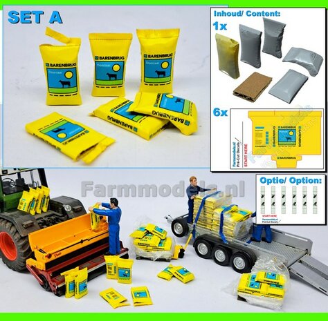Graszaad: BARENBRUG DOORZAAI  SET A = 5x verschillende volle zakken + 1x lege zak zaadgoed + 6x Pr&eacute;-Cut decal-stickers  1:32  