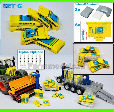 Graszaad: BARENBRUG DOORZAAI  SET C = 6 liggende volle zakken (2 verschillende vormen) + 6x Pr&eacute;-Cut decal-stickers  1:32  