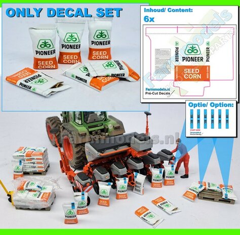 6x Pr&eacute;-Cut Decal stickerset Ma&iuml;szaad: PIONEER SEED CORN zaadgoed voorgesneden stickers op (kleuren) stickerfolie 1:32  
