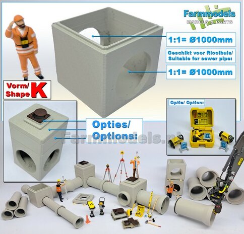 1x INSPECTIEPUT VORM K-BM aansluiting 2x &Oslash; "1000" Rioolbuis: (Betonnen) Vierkante put KUNSTSTOF, BETONLOOK gespoten geleverd  1:32    