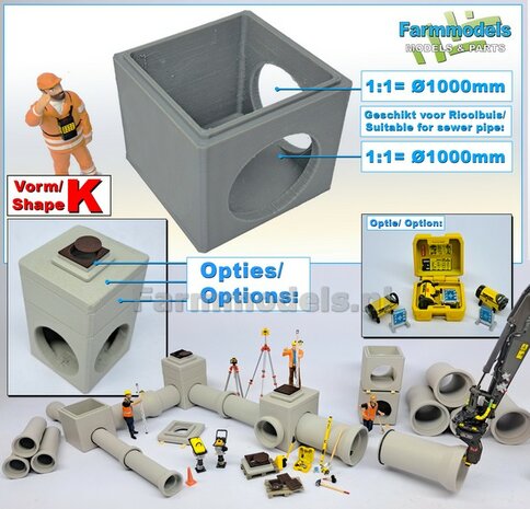 1x INSPECTIEPUT VORM K-BM aansluiting 2x &Oslash; "1000" Rioolbuis IN HOEK: (Betonnen) Vierkante put KUNSTSTOF, BLANK Geleverd  1:32    