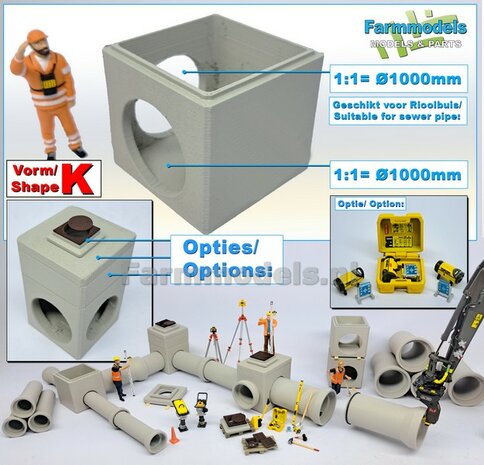 1x INSPECTIEPUT VORM K-BM aansluiting 2x &Oslash; "1000" Rioolbuis IN HOEK: (Betonnen) Vierkante put KUNSTSTOF, BETONLOOK gespoten geleverd  1:32    