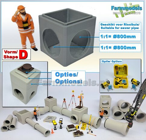 1x INSPECTIEPUT VORM D-BM aansluiting 2x &Oslash; "800" Rioolbuis IN HOEK: (Betonnen) Vierkante put KUNSTSTOF, BLANK Geleverd  1:32    