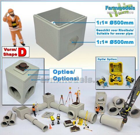 1x INSPECTIEPUT VORM D-BM aansluiting 2x &Oslash; "500" Rioolbuis: (Betonnen) Vierkante put KUNSTSTOF, BETONLOOK gespoten geleverd  1:32    
