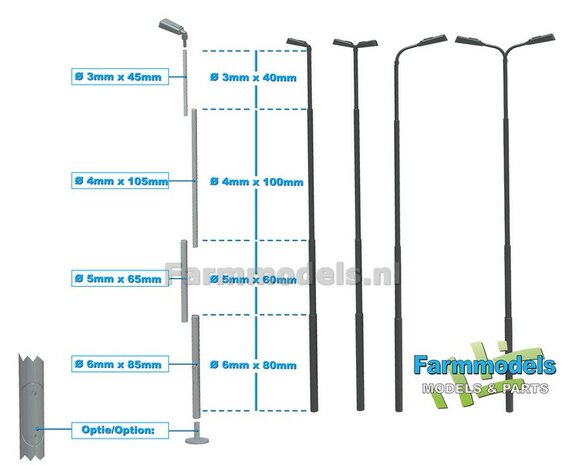BOUWKIT: 5x ENKEL VERLICHTINGS ARMATUUR VERSIE A1 + LANTAARNPALEN 288mm + 5x Pr&eacute;-Cut Decals LED VERLICHTING 1:32 