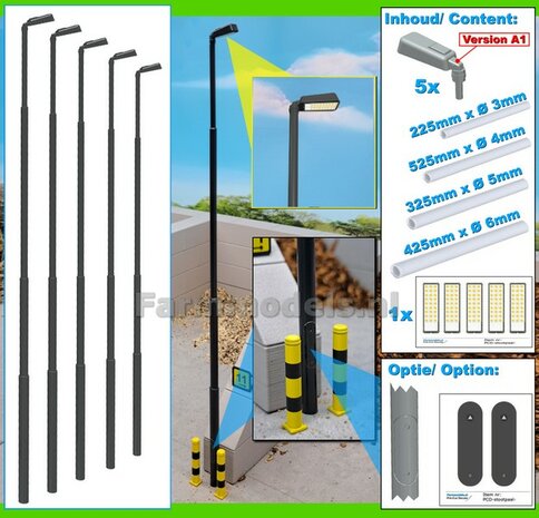 BOUWKIT: 5x ENKEL VERLICHTINGS ARMATUUR VERSIE A1 + LANTAARNPALEN 288mm + 5x Pr&eacute;-Cut Decals LED VERLICHTING 1:32 