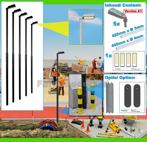 BOUWKIT: 5x ENKEL VERLICHTINGS ARMATUUR VERSIE A1 + LANTAARNPALEN 168mm + 5x Pr&eacute;-Cut Decals LED VERLICHTING 1:32    