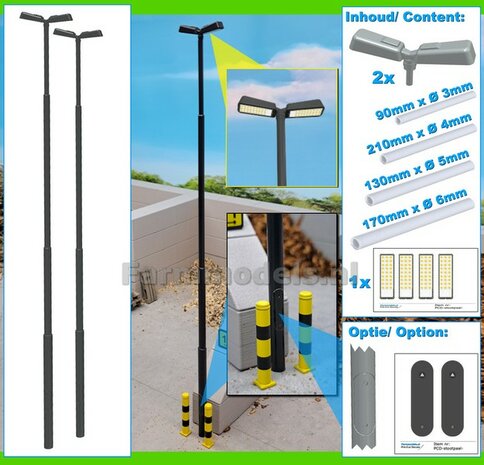 BOUWKIT: 2x DUBBEL VERLICHTINGS ARMATUUR VERSIE A2 + LANTAARNPALEN 288mm + 4x Pr&eacute;-Cut Decals LED VERLICHTING 1:32    