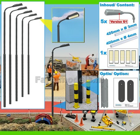 BOUWKIT: 5x ENKEL VERLICHTINGS ARMATUUR VERSIE G1 + LANTAARNPALEN 178mm + 5x Pr&eacute;-Cut Decals LED VERLICHTING 1:32    