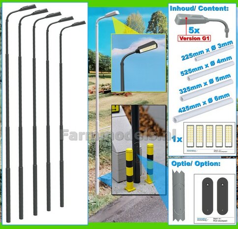 BOUWKIT: 5x ENKEL VERLICHTINGS ARMATUUR VERSIE G1 + LANTAARNPALEN 298mm + 5x Pr&eacute;-Cut Decals LED VERLICHTING 1:32    