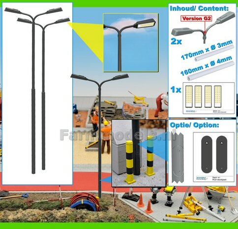 BOUWKIT: 2x DUBBEL VERLICHTINGS ARMATUUR VERSIE G2 + LANTAARNPALEN 178mm + 4x Pr&eacute;-Cut Decals LED VERLICHTING 1:32    