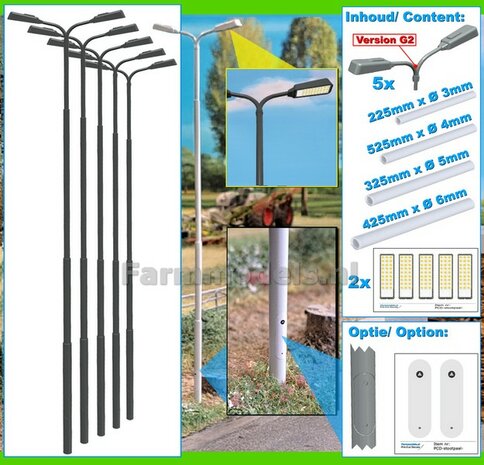BOUWKIT: 5x DUBBEL VERLICHTINGS ARMATUUR VERSIE G2 + LANTAARNPALEN 288mm + 10x Pr&eacute;-Cut Decals LED VERLICHTING 1:32 