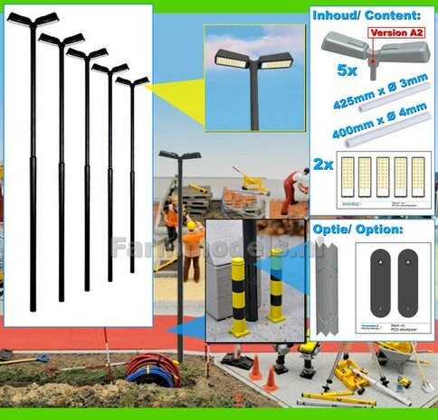 BOUWKIT: 5x DUBBEL VERLICHTINGS ARMATUUR VERSIE A2 + LANTAARNPALEN 168mm + 10x Pr&eacute;-Cut Decals LED VERLICHTING 1:32    