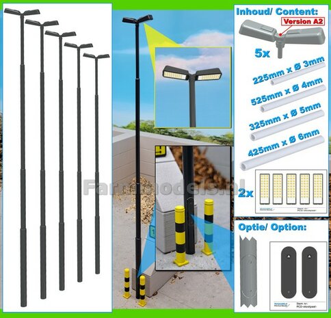 BOUWKIT: 5x DUBBEL VERLICHTINGS ARMATUUR VERSIE A2 + LANTAARNPALEN 288mm + 10x Pr&eacute;-Cut Decals LED VERLICHTING 1:32 